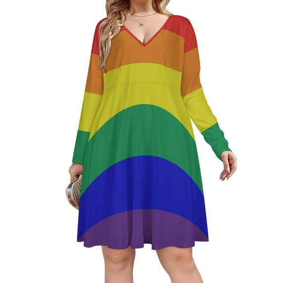 Colorful Stripes Long Sleeve Dresses For Women Vintage Elegant Party Dress Oversized V-neck Dress S-8XL