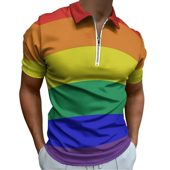 Colorful Stripes Men Zipper T-shirt Summer Casual Short Sleeve T-shirt Top