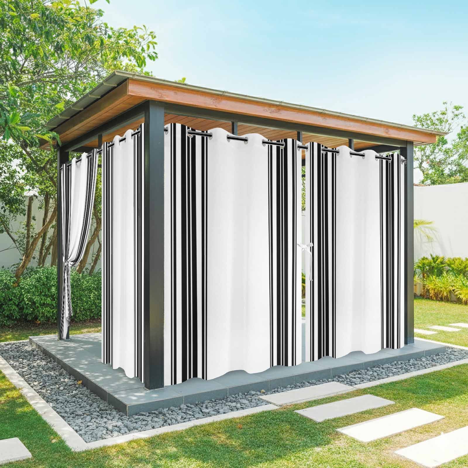 Colorful Stripes Outdoor Curtains for Patio Waterproof, Black Wood Texture White Grommet Curtains for Porch Outside Privacy Drape for Gazebo Garden Pergola, 2 Panels, 54x95in