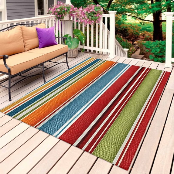 Colorful Stripes Outdoor Rug for Patio/Deck/Porch, Non-Slip Large Area Rug 6 x 9 Ft, Abstract Orange Blue Red Green Geometric Art Indoor Outdoor Rugs Washable Area Rugs, Camping Rug Carpet Runner