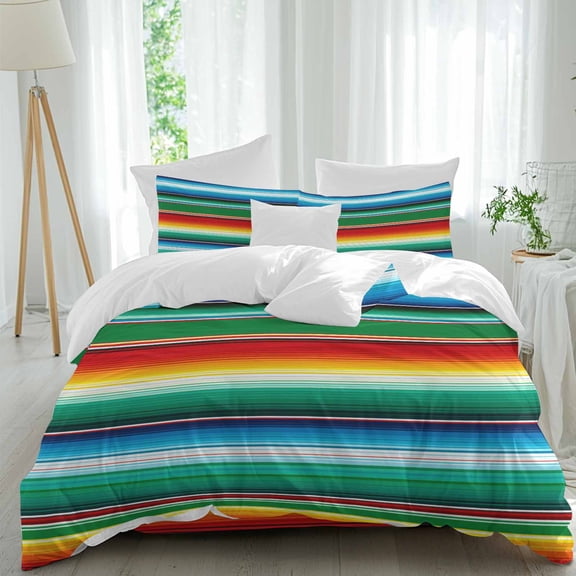 Colorful Stripes Queen Size Comforter Set, Modern Blue Green Red Yellow Mexican Stripes Bedding for All Seasons, 4 Pcs Bed Set, 1Quiltcover (90"x92") ,1Sheet(94"x116"), 2Pillowcases (30"x20")