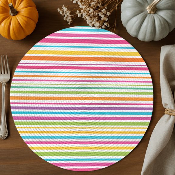 Colorful Stripes Round Braided Placemats 13", 4 Pack Modern Abstract Red Green Yellow Rainbow Lines Heat Insulation Place Mats Washable Non-Slip Table Mats for Kitchen Dining Party