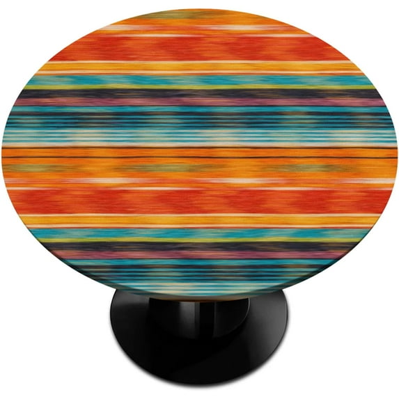 Colorful Stripes Round Fitted Tablecloth Elastic Edged Floral Table Cover Ethnic Stripes Waterproof Wipeable Table Cloth Tablecloth Fits Tables up to 36"-42"