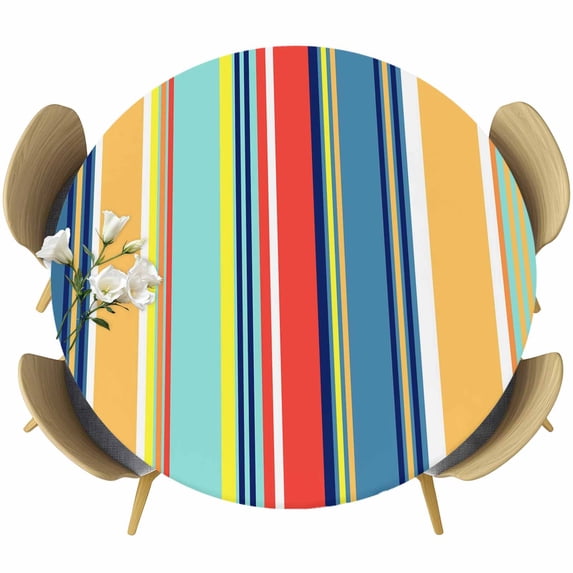 Colorful Stripes Round Tablecloth, Fitted Table Cover with Elastic for 55"-60" Round Tables, Modern Abstract Art Vertical Striped Table Cloth Outdoor Indoor Dinning Party Waterproof Tablecloths