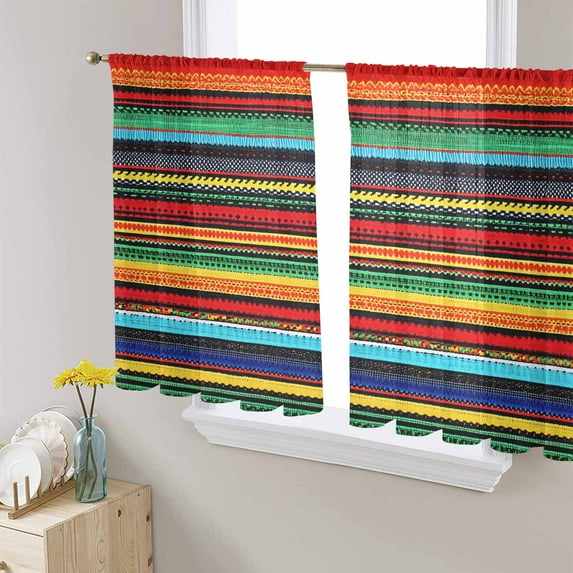 Colorful Stripes Semi Sheer Curtains 54 Inch Length 2 Panels Set, Boho Minimalist Geometric Mexico Sheer Kitchen Curtain Privacy Voile Window Curtain for Living Room Bedroom Rod Pocket Drapes