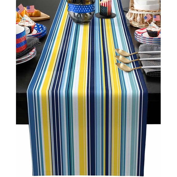 Colorful Stripes Small Table Runner 36 inches Long Texture Colorful Stripes Decoration Summer Blue Yellow Waterproof Table Cloth Holiday Kitchen Dining Table Decor for Indoor Outdoor