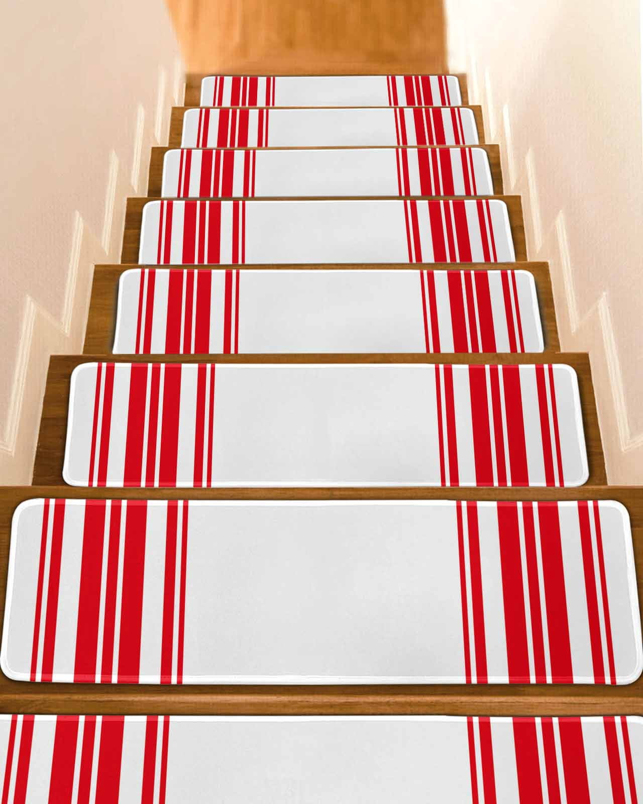 Colorful Stripes Stair Treads Non Slip for Steps Red Wood Texture White ...