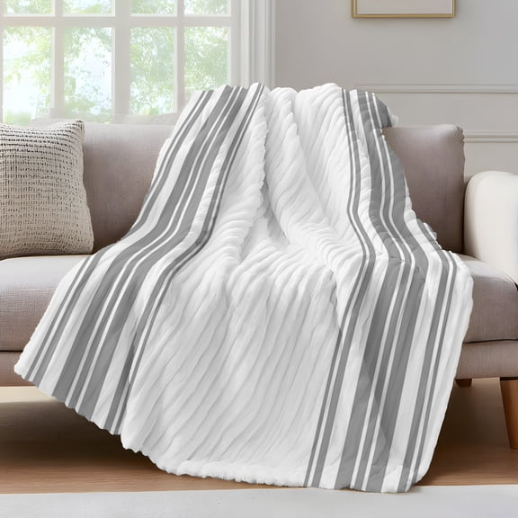 Colorful Stripes Throw Blanket for Couch Grey Wood Texture White Soft and Warm Flannel 3D Striped Fluffy Fuzzy Fleece Blanket Lightweight Throw for Bed, Sofa 30 x 40 Inches