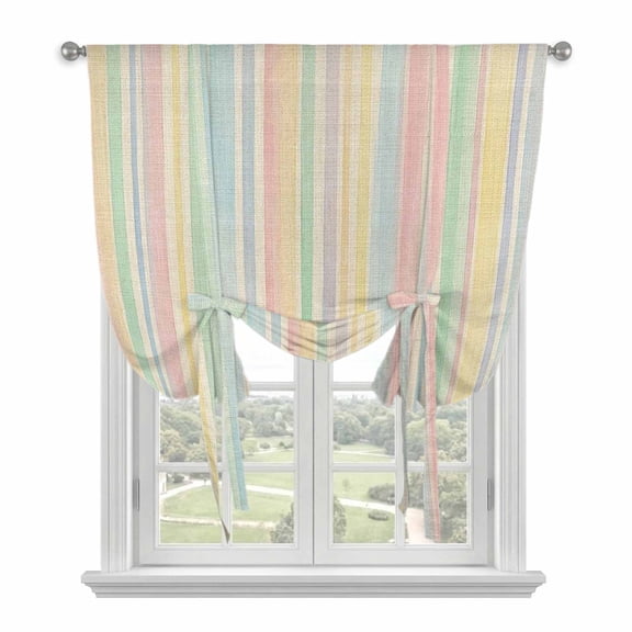 Colorful Stripes Tie Up Curtain for Window, Watercolor Rainbow Farmhouse Vintage Linen Adjustable Tie Up Balloon Curtain Valances Rod Pocket Window Treatment for Kitchen Bathroom Bedroom 42"x63"