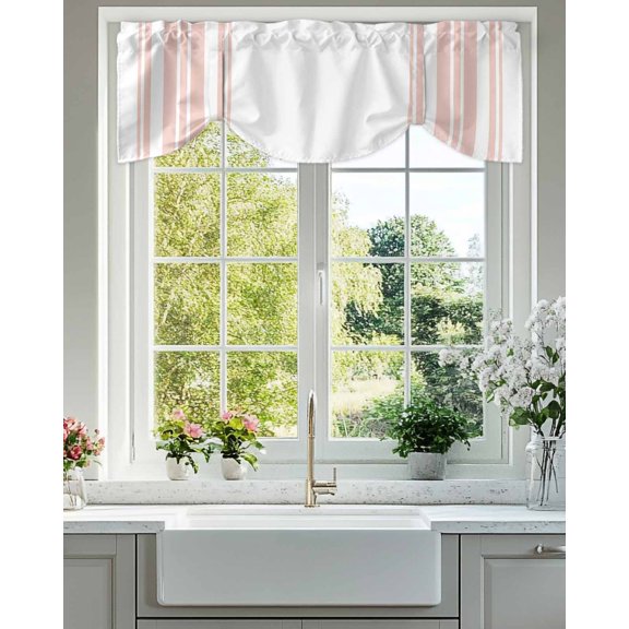 Colorful Stripes Tie Up Valances Curtain, Adjustable Kitchen Pink Wood Texture White Valances for Windows Decor, Rod Pocket Short Curtains Set for Bedroom/Bathroom, 42"x12"