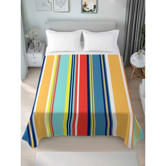 Colorful Stripes Twim Size Flat Sheet, Wrinkleproof & Fadeproof Cooling Flat Bed Sheet Only, Modern Abstract Art Vertical Striped Breathable Soft Bedding Top Sheets 66 x 96 Inches