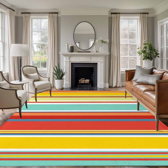 Colorful Stripes Washable Living Room Rugs 5'x7', Lines Low Pile Throw Large Area Rugs Non-Slip Sturdy Edge Binding Carpet for Dining Room Bedside Kitchen
