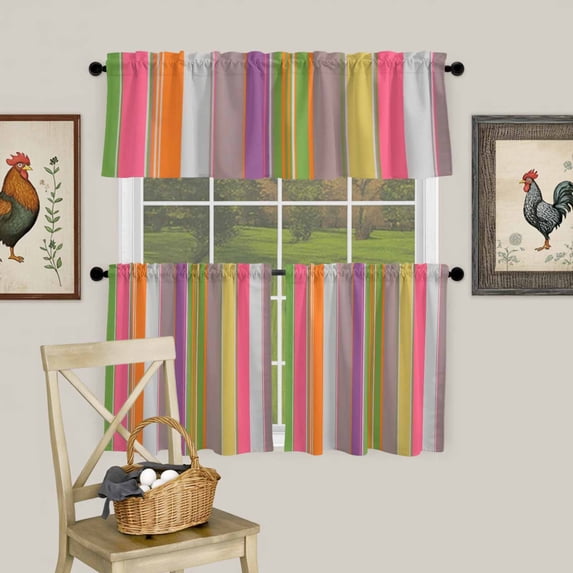 Colorful Stripes Watercolor Curtain Tier and Valance Set 3 Piece, Abstract Minimalist Geometric 3-inch Rod Pocket Window Tier Curtains Valance for Kitchen Living Room