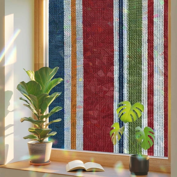 Colorful Stripes Weaving Texture Window Privacy Film, Rainbow Film Decorative Window Sticker 17.7x39.3in, Farm Red Blue Green Lines Sun Blocking Static Stained Glass Cling Tint Non-Adhesive