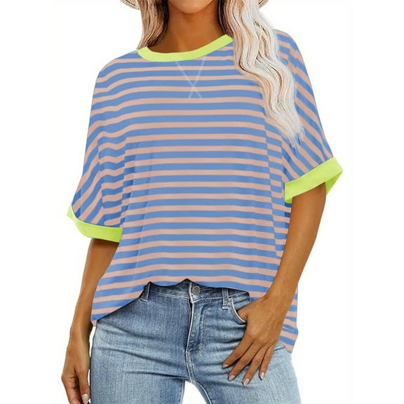 Summer Striped Print Women Oversized Tee Shirt Casual Color Block Half Sleeve Crew Neck Tops
