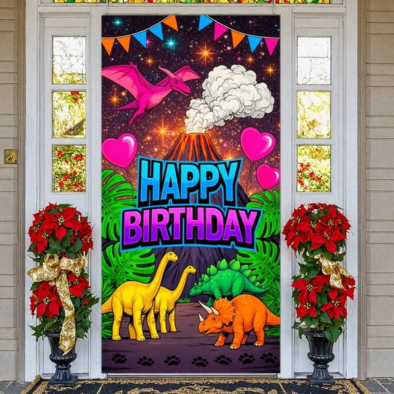 Colorful Style Banner Cartoon Dinosaurs Birthday Photo Background Tropical Greenery Sparkling Stars Dinosaur Party Backdrop for Kids Birthday Party Dinosaur Themed Party Birthday Photo Shoot