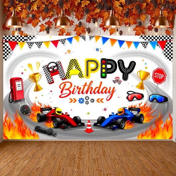 Colorful Style Banner Flame Accents Racing Birthday Backdrop Checkered Pattern Golden Trophy Car Party Background for Kids Birthday Party Boys Birthday Party Racing Theme Party