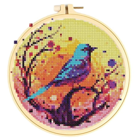Colorful Style Sparrow Bird Cross Stitch Kits for Starter Kits DIY 11CT Pre-printed Patterns Needlepoint Embroidery Cross Stitching Needlework Kit Set Supplies with Hoop 38x38cm