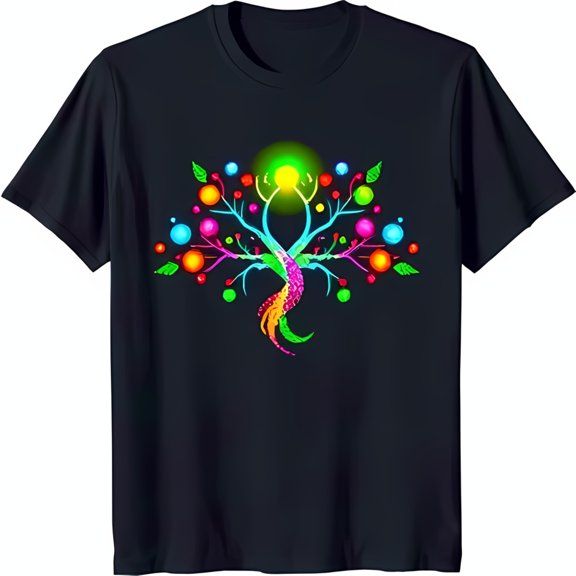 Colorful Stylized Tree Design Black T-Shirt with Vibrant Orbs Unique Art Tee