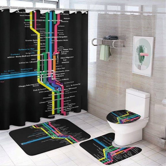 Colorful Subway Map Design Shower Curtain Waterproof Bathroom Curtain Set 4pcs with Hooks Rugs Mat Bathroom Curtains