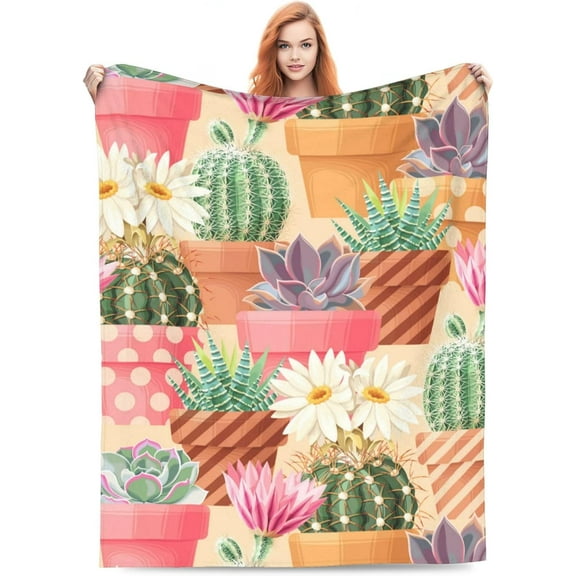 Colorful Succulent Cactus Blanket Throw Blanket Soft Fuzzy Travel Blanket for Bedroom Living Room Couch Office Car All Season Gift for Girls Boys Women Men 60"x50"
