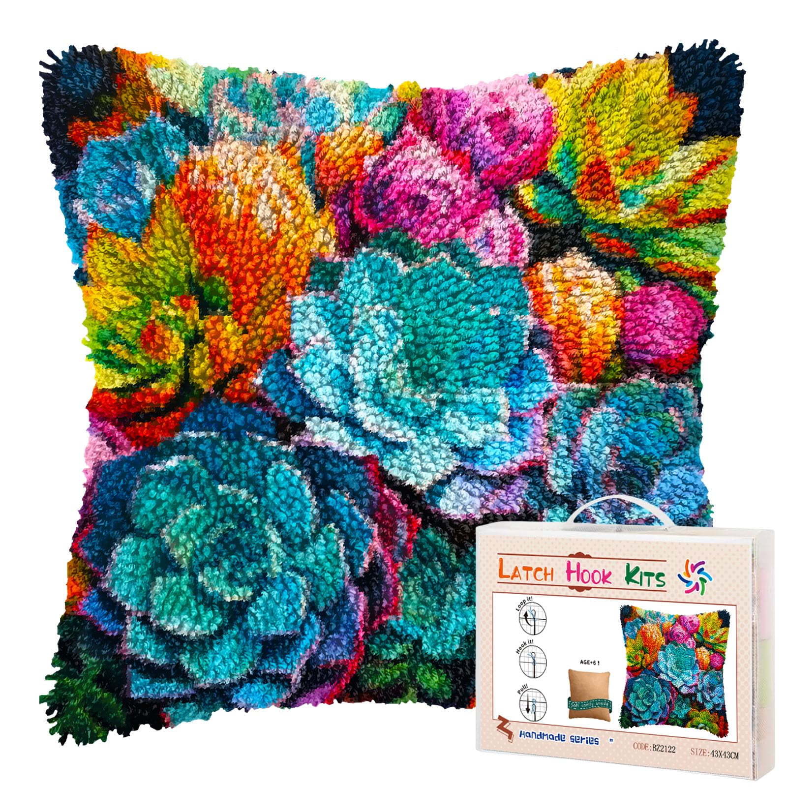 Colorful Succulent Flowers DIY Latch Hook Pillow Kits for Adults Printed Pillowcase Crochet Yarns Hooking Handmade Pillow Cover Cushion for Home Sofa Decoration 17x17inch(3)