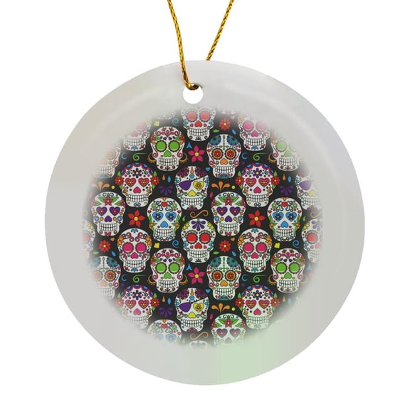 3drose, Colorful Sugar Skulls Pattern, Circle Porcelain Ornament