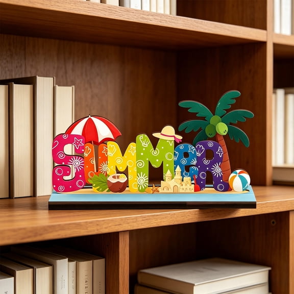 Colorful Summer Beach Themed Solid Wood Tabletop Sign, Coconut Tree & Sun Umbrella Printed Detail, Lightweight Timber Craft, Desktop Ornament for Seaside Party Layout & Home Seasonal Table Decor