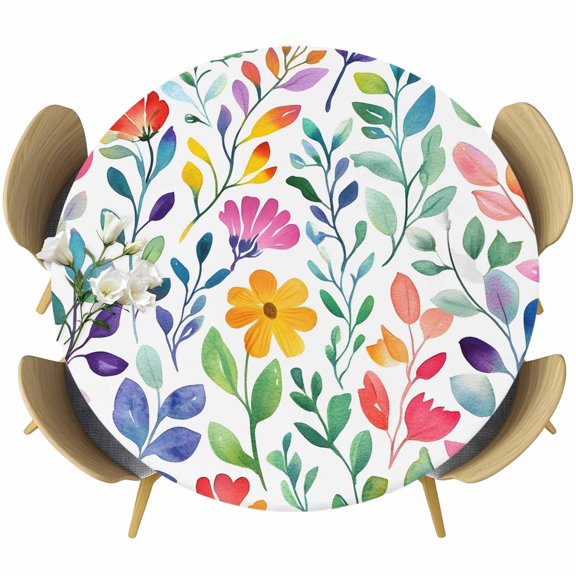 Colorful Summer Botanical Round Tablecloth 36-44 Inch Round Fitted Table Cloth with Elastic Edge, Spring Floral Leaf Abstract Art Waterproof Table Cover Protector for Outdoor Picnic Party Dining