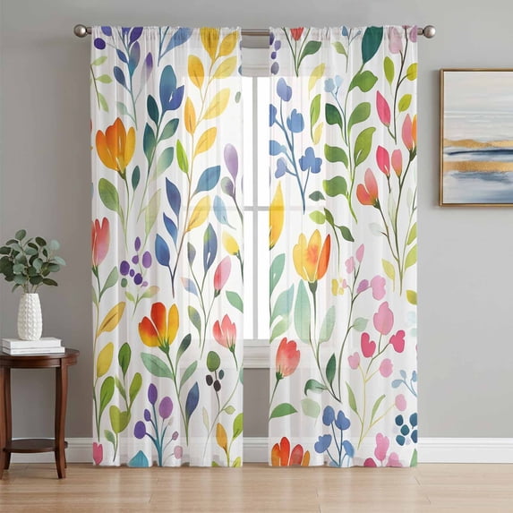 Colorful Summer Botanical Sheer Curtains 108 Inch Length 2 Panels Set, Spring Floral Abstract Art Voile Window Treatment Semi Sheer Long Curtains Drapes for Bedroom/Living Room/Kitchen 52"x108"x2