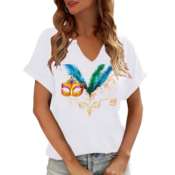 Colorful Summer Festival Tee – Women's Vibrant Carnival Print Top, V Neck Short Sleeve Casual Graphic T-Shirt for Fun Holiday Outfits and Party Style