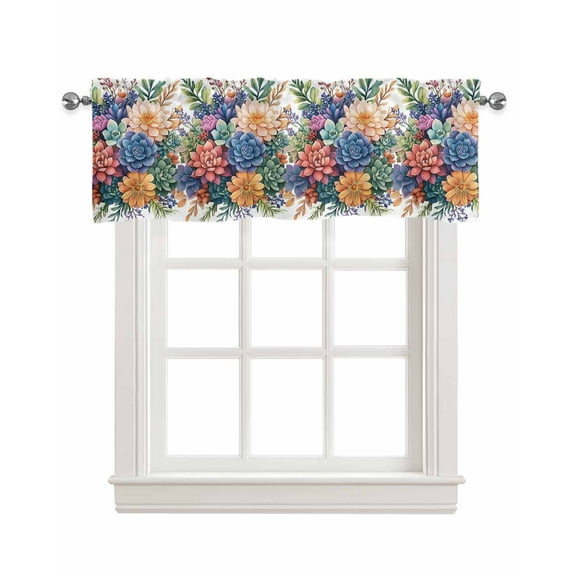 Colorful Summer Succulents Kitchen Valances for Windows Farmhouse Linen Window Valance Curtain for Living Room Window Treatment Spring Floral Watercolor Valance Rod Pocket Topper Drape, 42 x 18 Inch