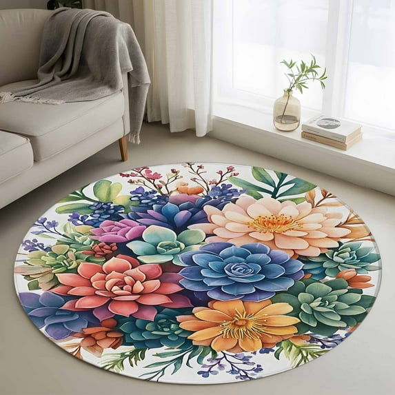 Colorful Summer Succulents Round Area Rug 3 FT, Small Kitchen Bathroom Mats, Spring Floral Watercolor Washable Indoor Outdoor Throw Runner Carpet Non-Shedding Doormat for Table Shower Sofa Entryway