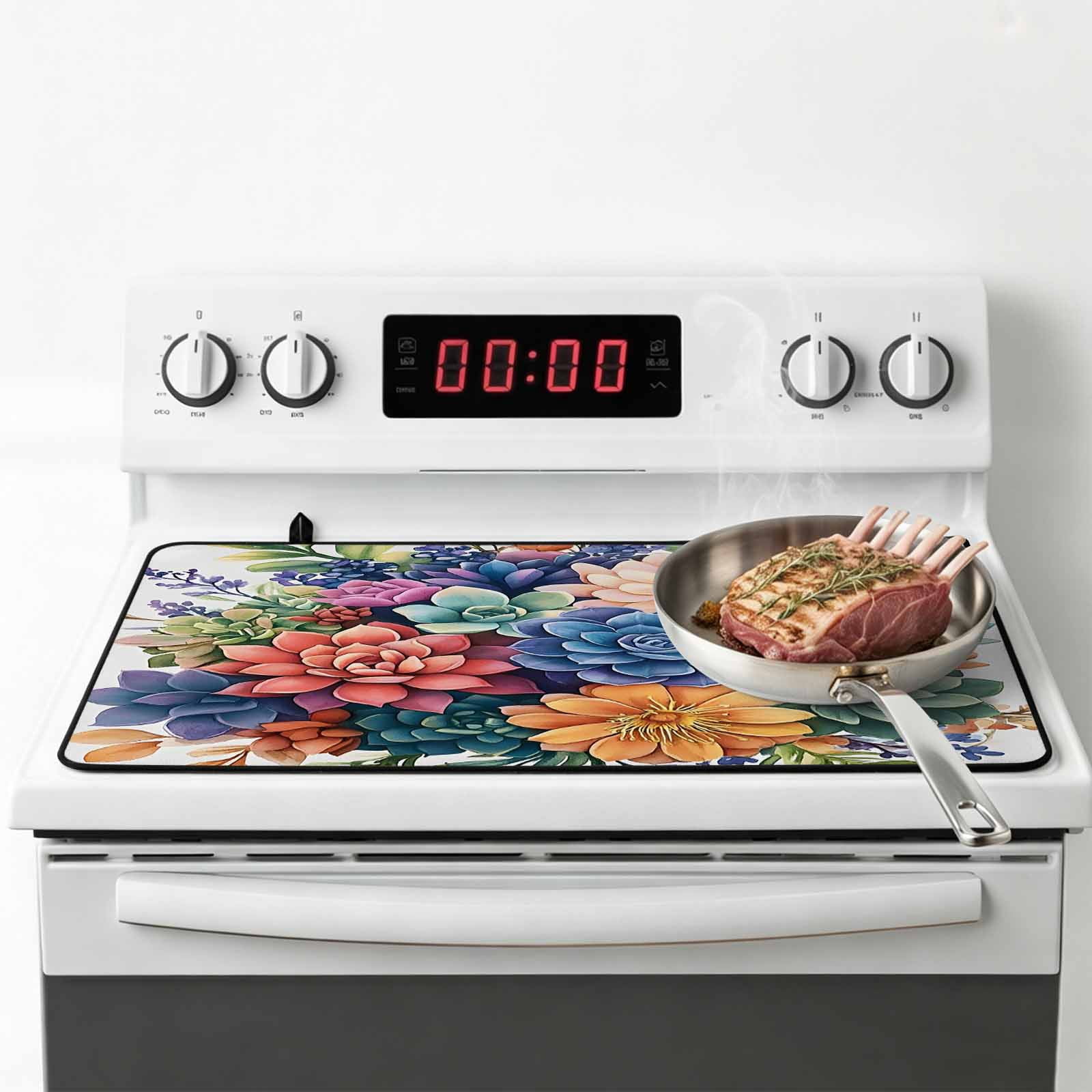 Colorful Summer Succulents Stove Top Cover for Electric Stove, Heat-proof & Non Slip Glass Top Stove Cover Protector, Spring Floral Watercolor Kitchen Flat Cooktop Rubber Mat 24x21 Inches