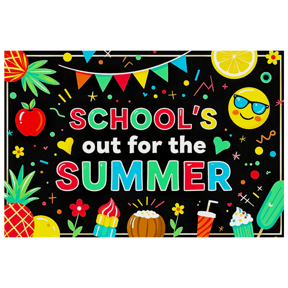 Colorful Summer Themed Banner with Fruits Emojis and Party Elements for School s Out Celebrations Party Decorations Photography Props Summer Backdrop Decor Background
