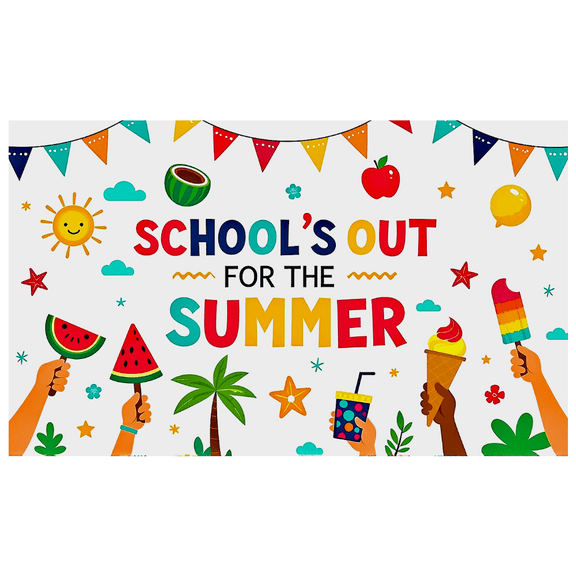 Colorful Summer Themed Banner with Sun Watermelon Ice Cream Balloons Stars Background Decor for Summer Parties Picnics Outdoor Gatherings Celebrations