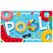 Colorful Summer Themed Pool Party Background Banner with Watermelon Donut Floatie Starfish and Beach Ball Decorations for Poolside Parties Photo Backdrops and Summer Celebrations