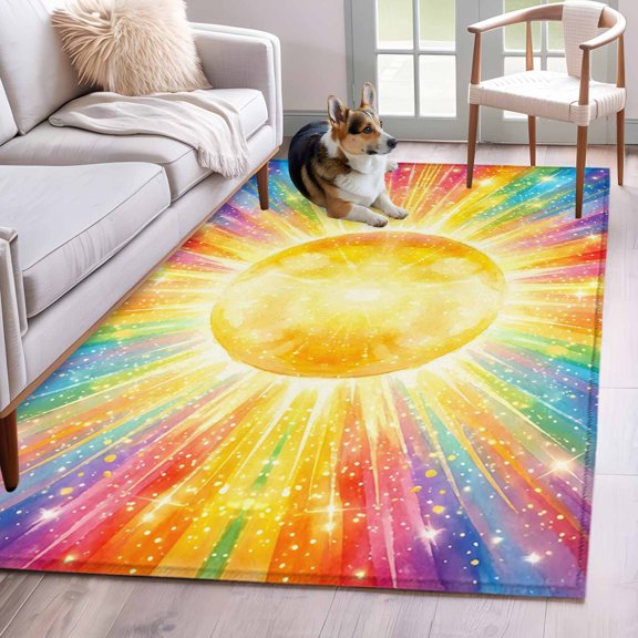 Colorful Sun Area Rugs 3x5 ft Cartoon Watercolor Red Yellow Blue Sunshine Stars Washable Rug Non Slip Indoor Carpet Absorbent Floor Mat for Living Room Bedroom Dining Room