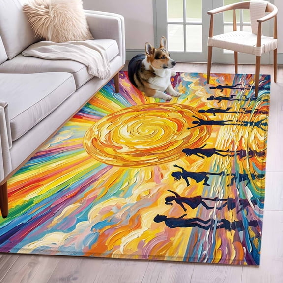 Colorful Sun Area Rugs 4x6 ft Cartoon Watercolor Red Yellow Blue Sunshine Painting Style Washable Rug Non Slip Indoor Carpet Absorbent Floor Mat for Living Room Bedroom Dining Room