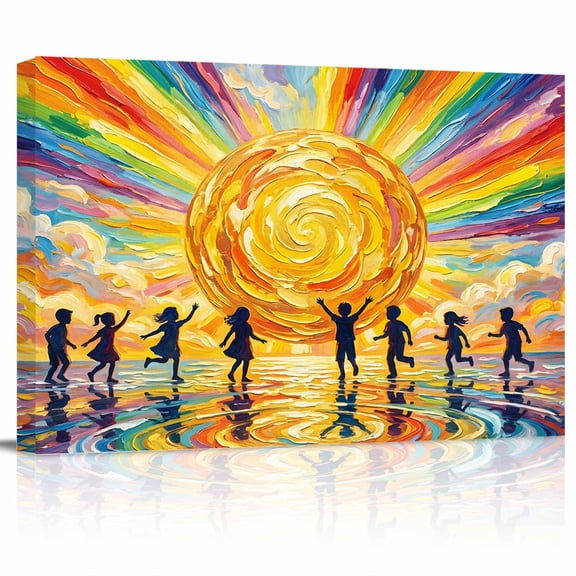 Colorful Sun Canvas Print Wall Art Cartoon Watercolor Red Yellow Blue Sunshine Painting Style Pictures Painting Morden Artwork for Living Room Bedroom, Ready to Hang - 12"x16"