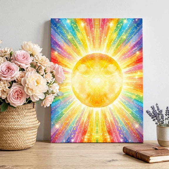 Colorful Sun Canvas Wall Art Framed Wall Decor for Living Room Bedroom Bathroom, Cartoon Watercolor Red Yellow Blue Sunshine Stars Canvas Pictures Ready to Hang Decor, 12"x18"