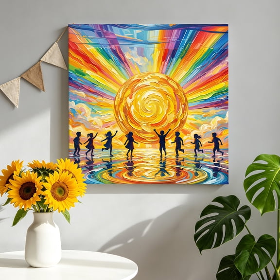 Colorful Sun Canvas Wall Art for Living Room, Cartoon Watercolor Red Yellow Blue Sunshine Painting Style Poster Print Painting for Bedroom Office Home Decoration Wall Pictures Prepare To Hang 8"x8"
