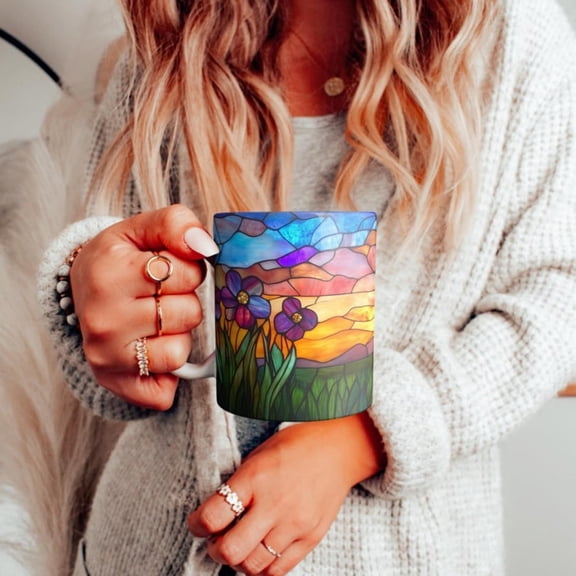Colorful Sun Flowers Ceramic Mug, Faux Stained Gl Coffee Cup, Beautiful Floral Teacup, Nature Lover Gift, Prettun Mug.