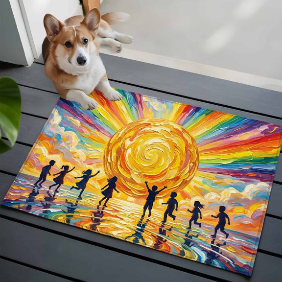 Colorful Sun Front Door Rugs 2x3 ft Cartoon Watercolor Red Yellow Blue Sunshine Painting Style Small Rug for Entryway Non Slip Washable Bathroom Door Mat Absorbent Floor Mat for Indoor Entrance