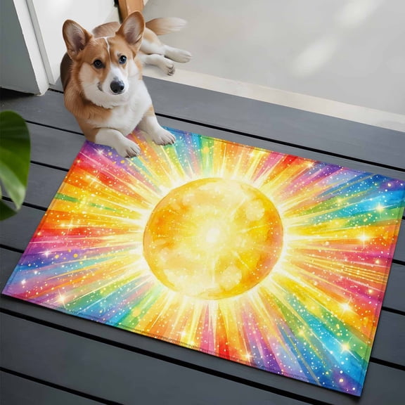Colorful Sun Front Door Rugs 2x3 ft Cartoon Watercolor Red Yellow Blue Sunshine Stars Small Rug for Entryway Non Slip Washable Bathroom Door Mat Absorbent Floor Mat for Indoor Entrance