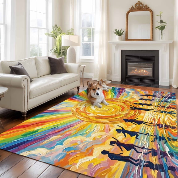 Colorful Sun Large Area Rugs 5x8 ft Cartoon Watercolor Red Yellow Blue Sunshine Painting Style Washable Rug Non Slip Indoor Carpet Absorbent Floor Mat for Living Room Bedroom Dining Room