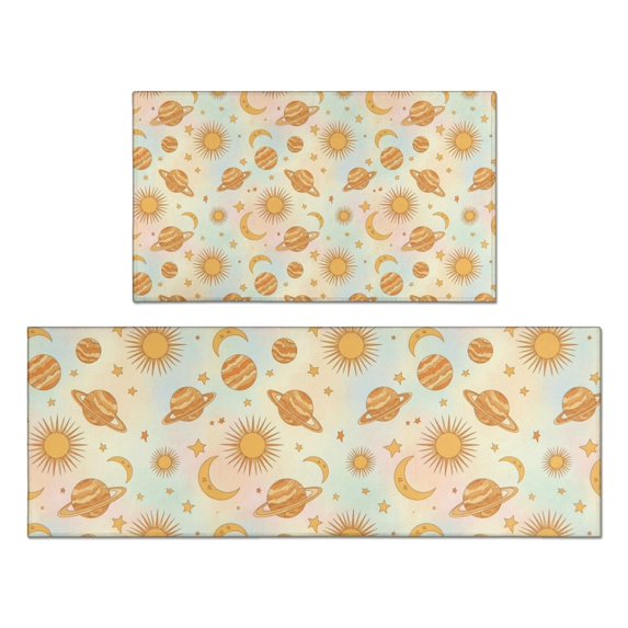 Colorful Sun Moon Star Planet Pattern Kitchen Rugs Sets Of 2,Anti Fatigue Kitchen Mat Rugs Non Slip Washable,Decorative Kitchen Floor Mats for Kitchen,Sink,Laundry,17"x30"+17"x47"