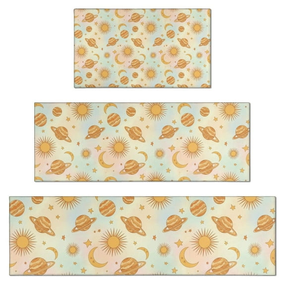 Colorful Sun Moon Star Planet Pattern Kitchen Rugs Sets Of 3,Kitchen Runner Rugs Non Skid Washable,Decorative Kitchen Floor Mats for Kitchen,Sink,Laundry,17"x30"+ 17"x47" + 17"x59"