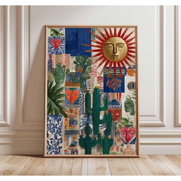 Colorful Sun and Cactus Collage Poster Boho Wall Art Eclectic Retro Print Mid Century Mode