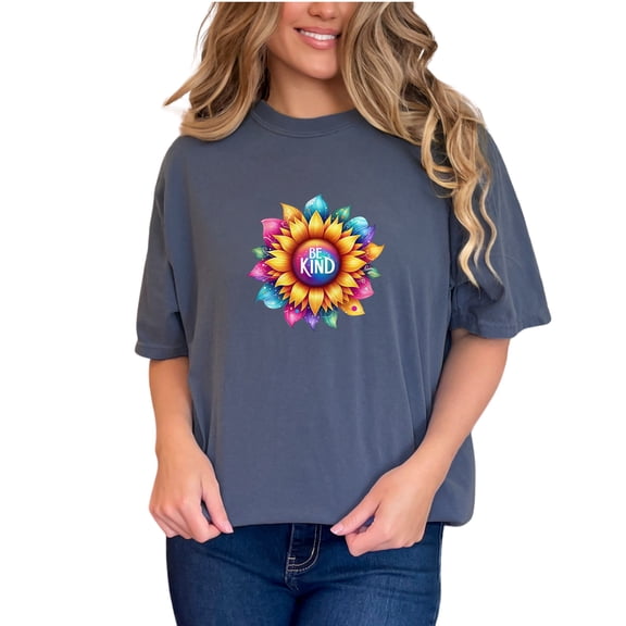 Colorful Sunflower Be Kind T-Shirt, Positive Message Tee, Bright Graphic Design, Inspirational Clothing, Uplifting Casual Wear, Denim Comfort Colors T-Shirt, XL